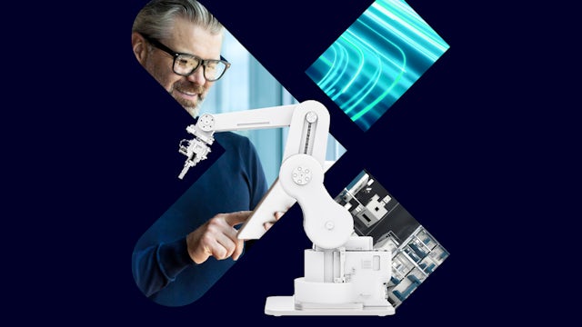 Industrial robotic arm in a manufacturing facility with blue lighting