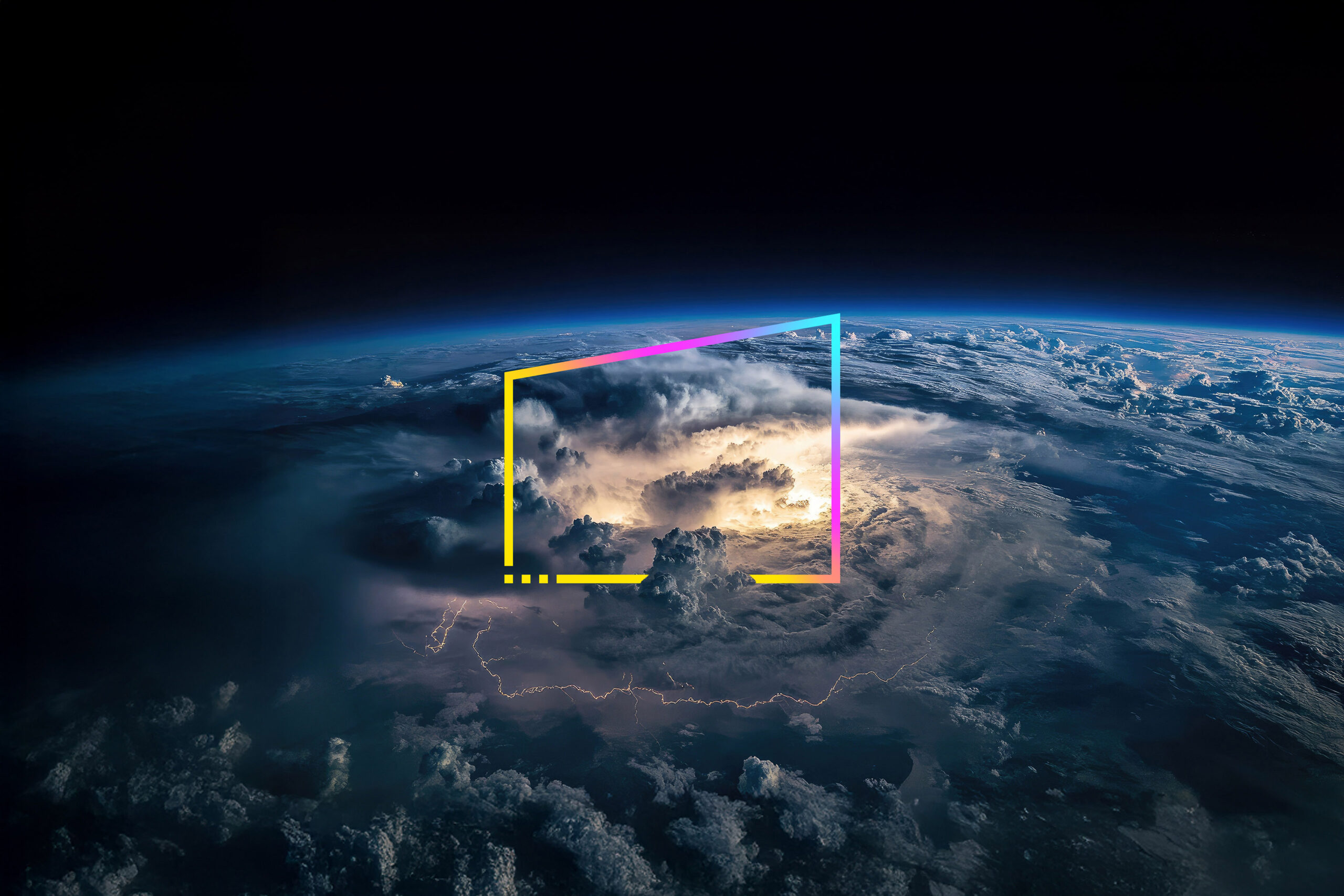 Aerial satellite view of a thunderstorm with dramatic cloud patterns and active lightning